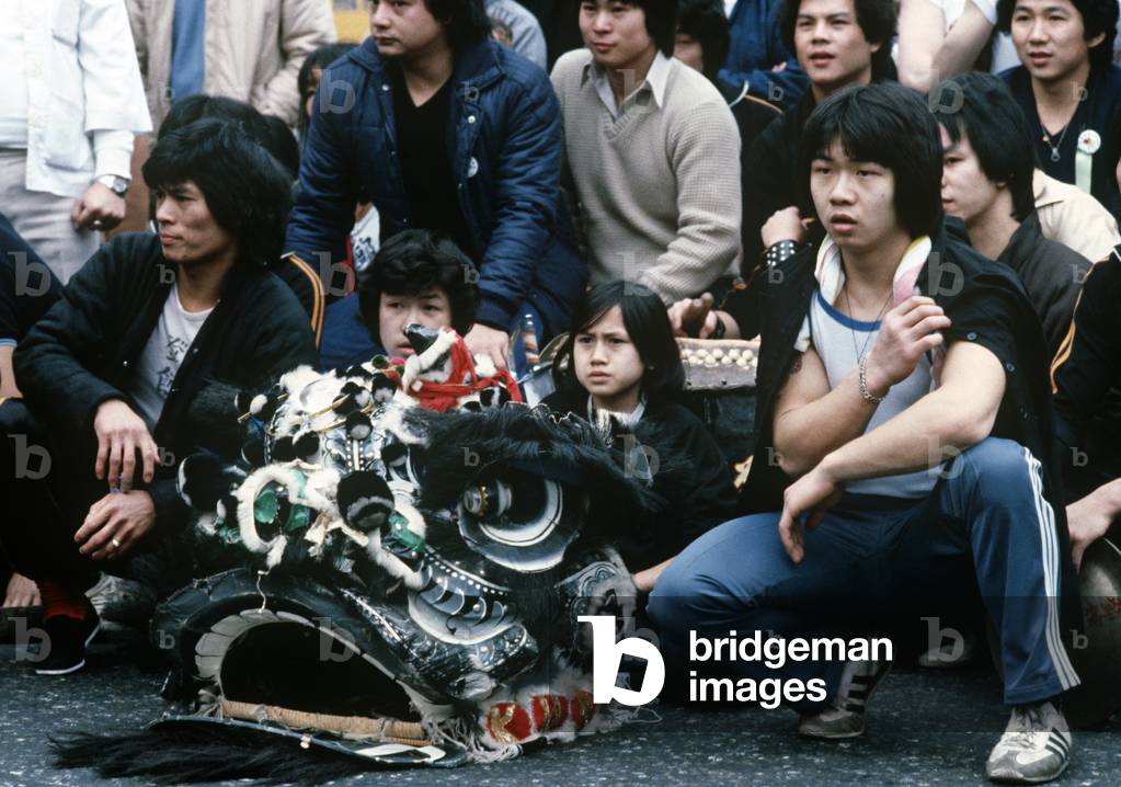 Chinese New Year festivities with dragons in Chinatown, Soho, London, UK, 1981 (photo)