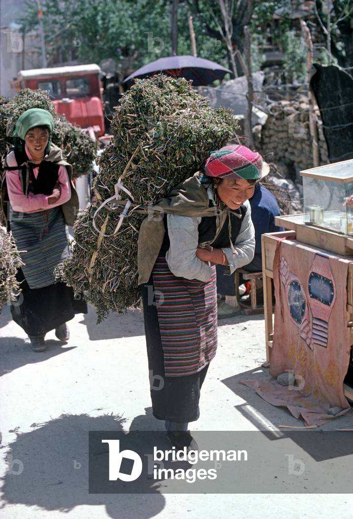 Tibetan women carrying animal fodder, Lhasa main square (photo)