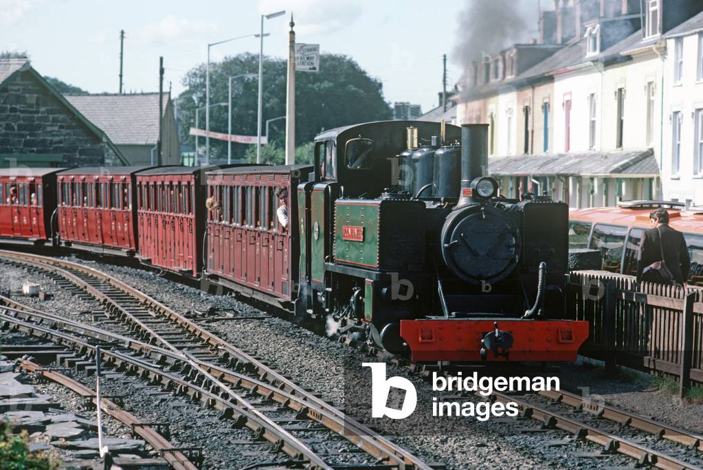 Steam locomotive at Porthmadog railway station, Gwynedd, North Wales, 1990 (photo)