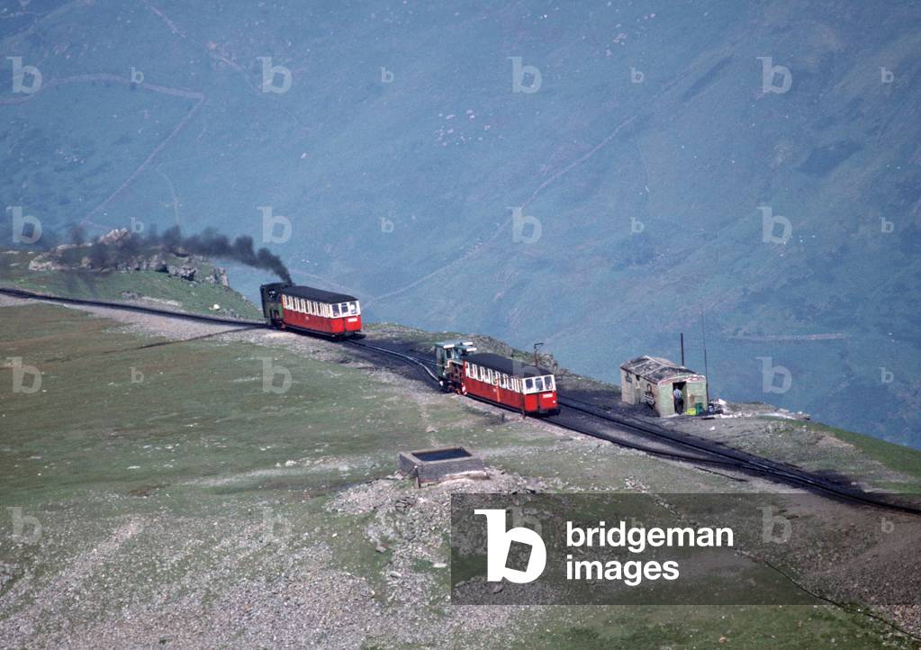 Locomotives passing each other on way to Mount Snowdown, Wales, United Kingdom, 1991 (photo)