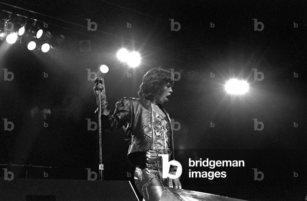 Mick Jagger opening the Rolling Stones Concert in Wembley Arena, London, UK, 1972 (b/w photo)