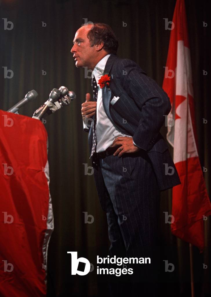 Prime Minister Pierre Trudeau at a political party rally, Montreal, Quebec Province, Canada  (photo)
