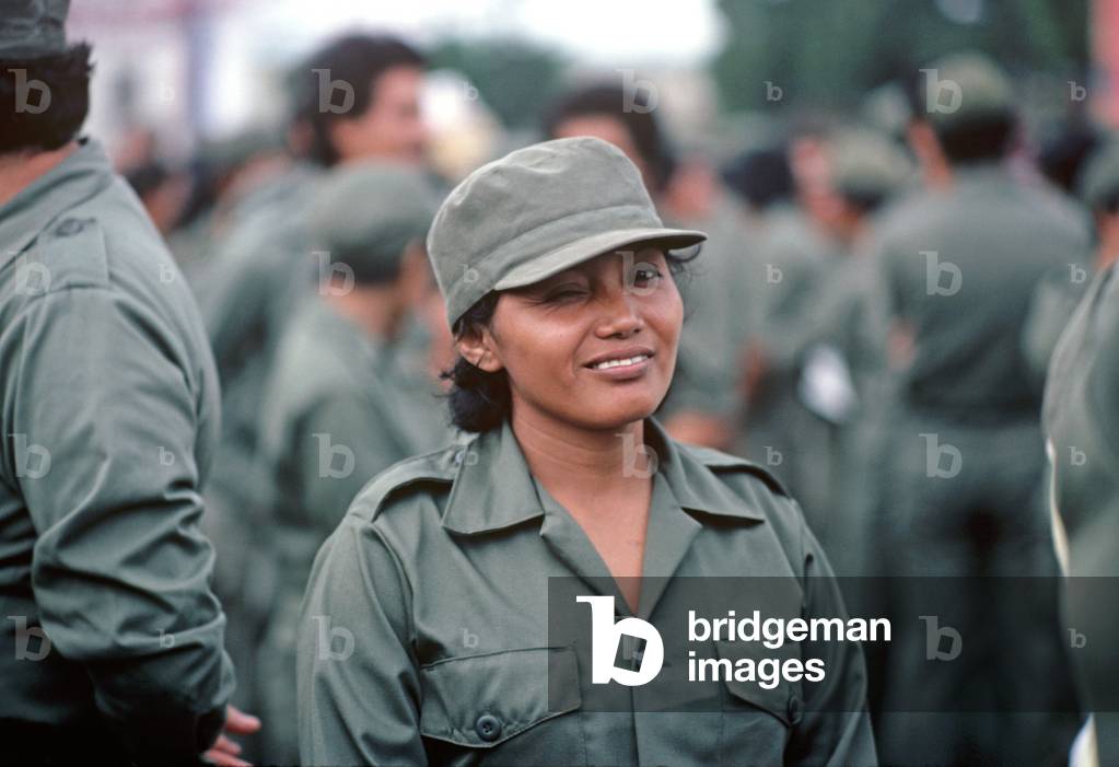 Sandinista National Front member at May Day rally,  Managua, Nicaragua (photo)