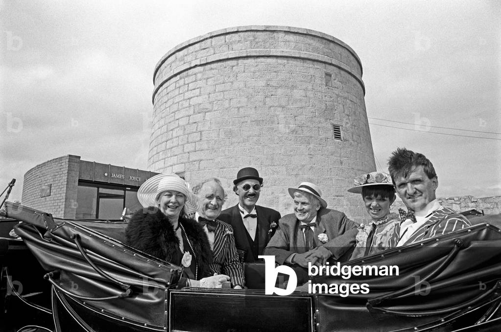 Bloomsday commemoration with actors outside James Joyce Martello Tower and museum of the events in the novel Ulysses on the 16th June 1904, Sandycove, Dublin, Ireland,  (photo)