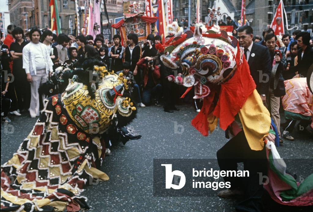 Chinese New Year festivities with dragons in Chinatown, Soho, London, UK, 1981 (photo)