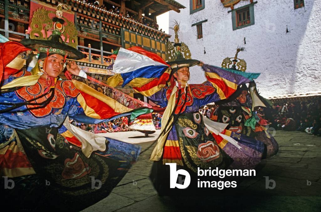 Black Hat dancers at the Paro Tshechu, mask dance festival, in the Paro Dzong, Bhutan (photo)