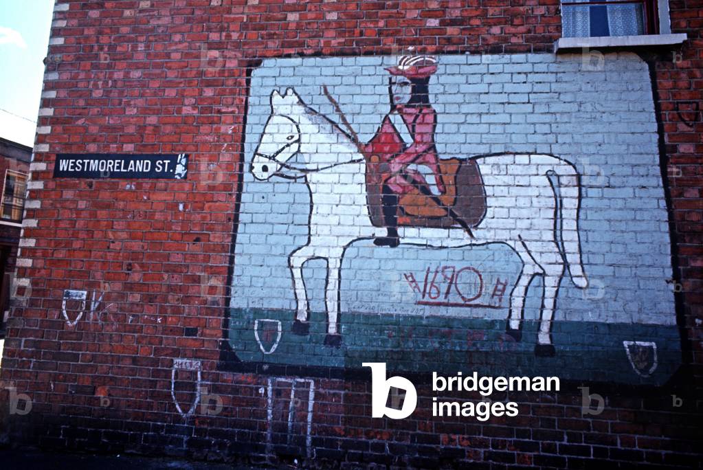 Early mural in Protestant part of Belfast of King William of Orange a Protestant who fought King James a Catholic at the Battle of the Boyne 1n 1690, Northern Ireland, 1971