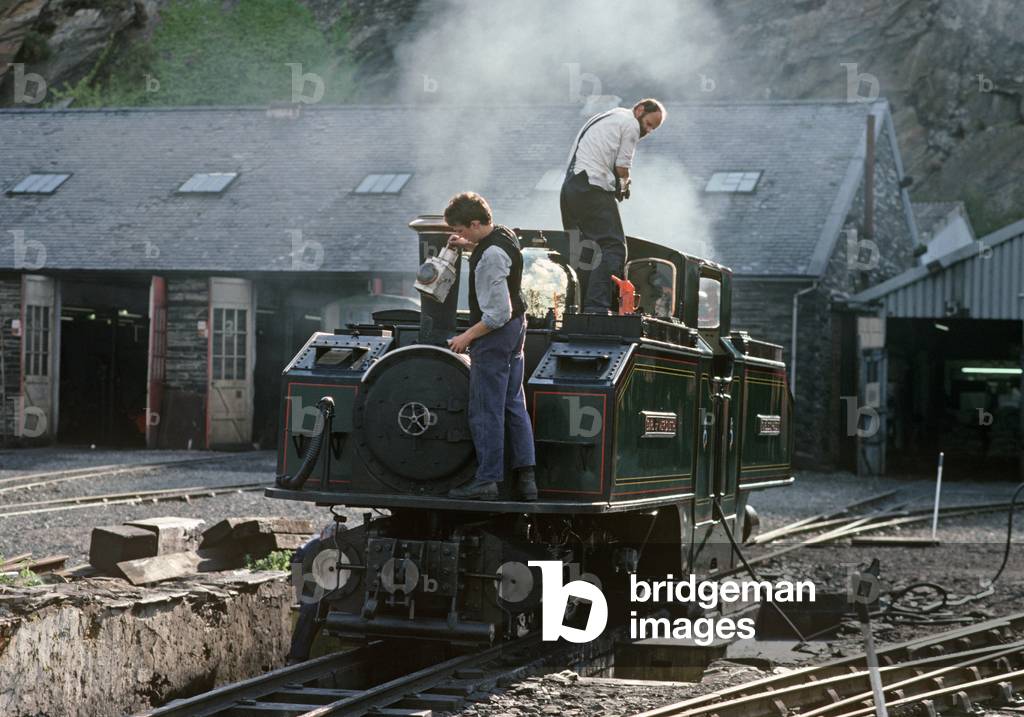Boston Lodge workshop, engineering works for the Ffestiniog Railway, Porthmadog to Blaenau Ffestiniog, Gwynedd, North Wales, 1990 (photo)