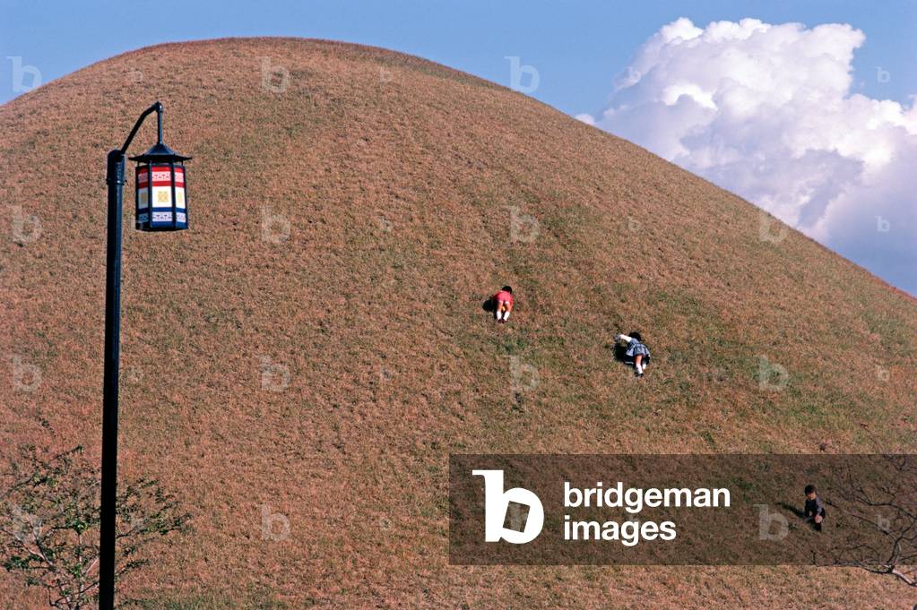 Korean children playing climbing and rolling down grass hill, South Korea, Asia (photo)