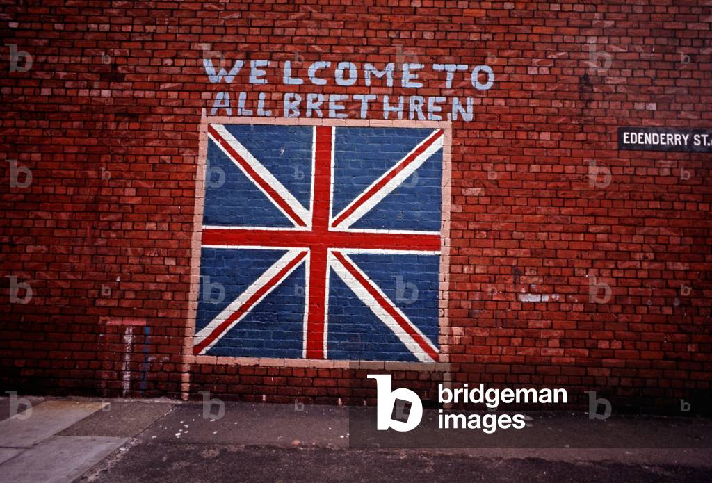 Loyalist Mural of the Union Jack Flag. during The Troubles, Northern Ireland, 1971 (photo)