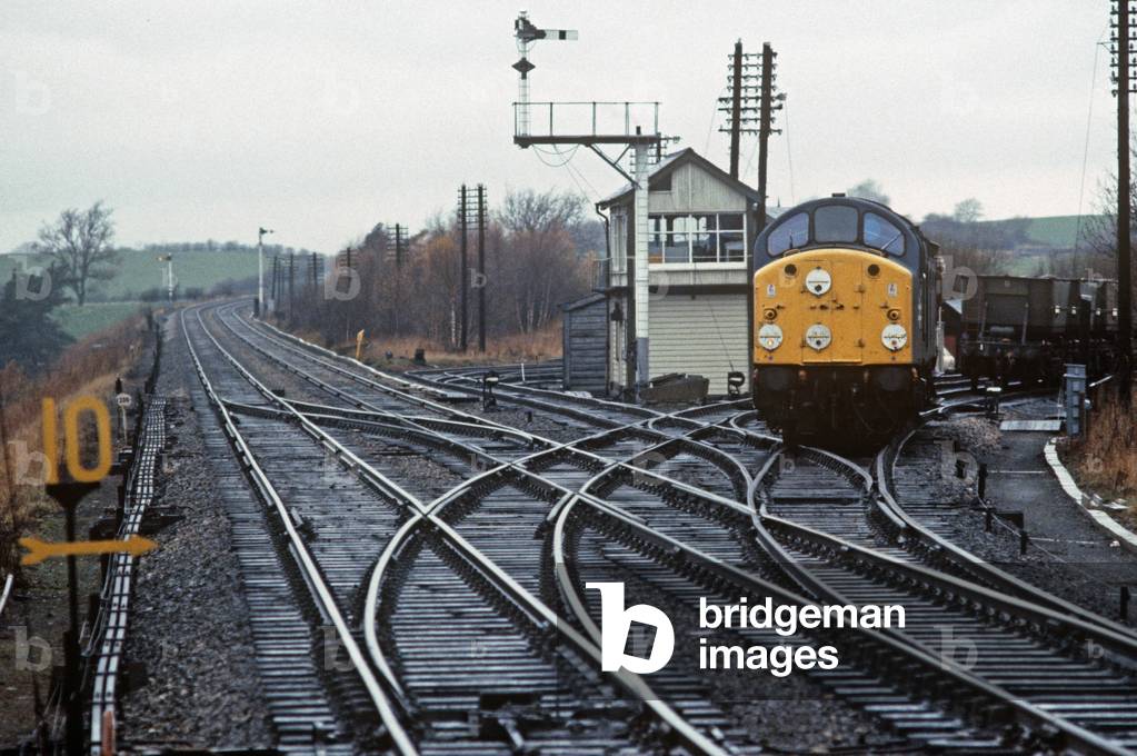 British Rail diesel freight train at Appleby railway station on the British Rail Settle to Carline Pennine railway line, 1981 (photograph)