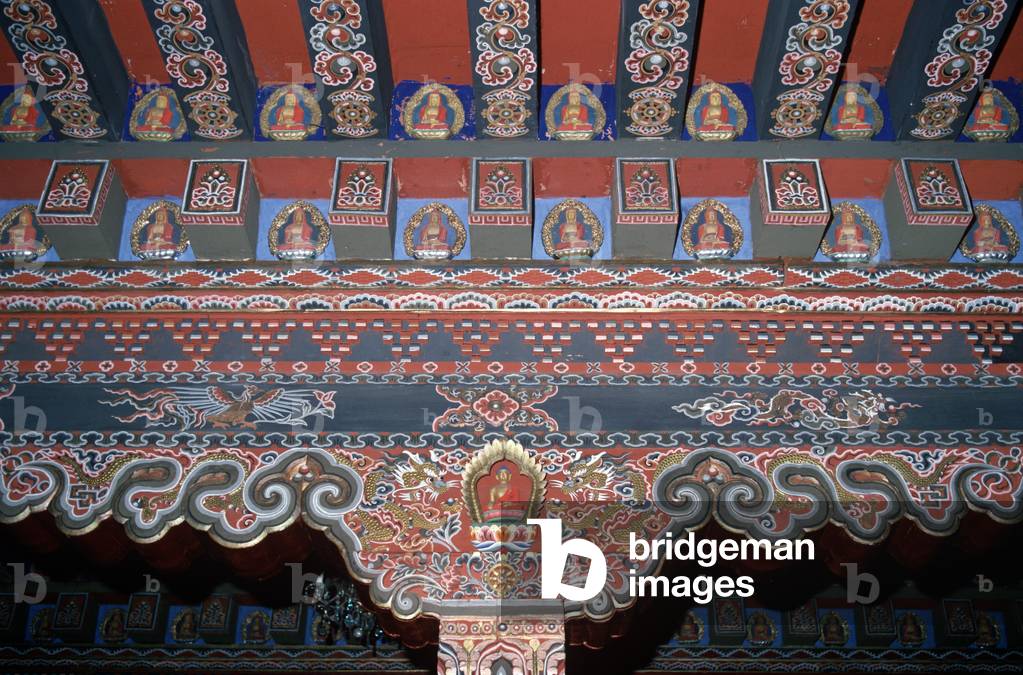 Buddhist symbols in Buddhist Dzong, Bhuddist monastery, Bhutan, Himalayas (photo)