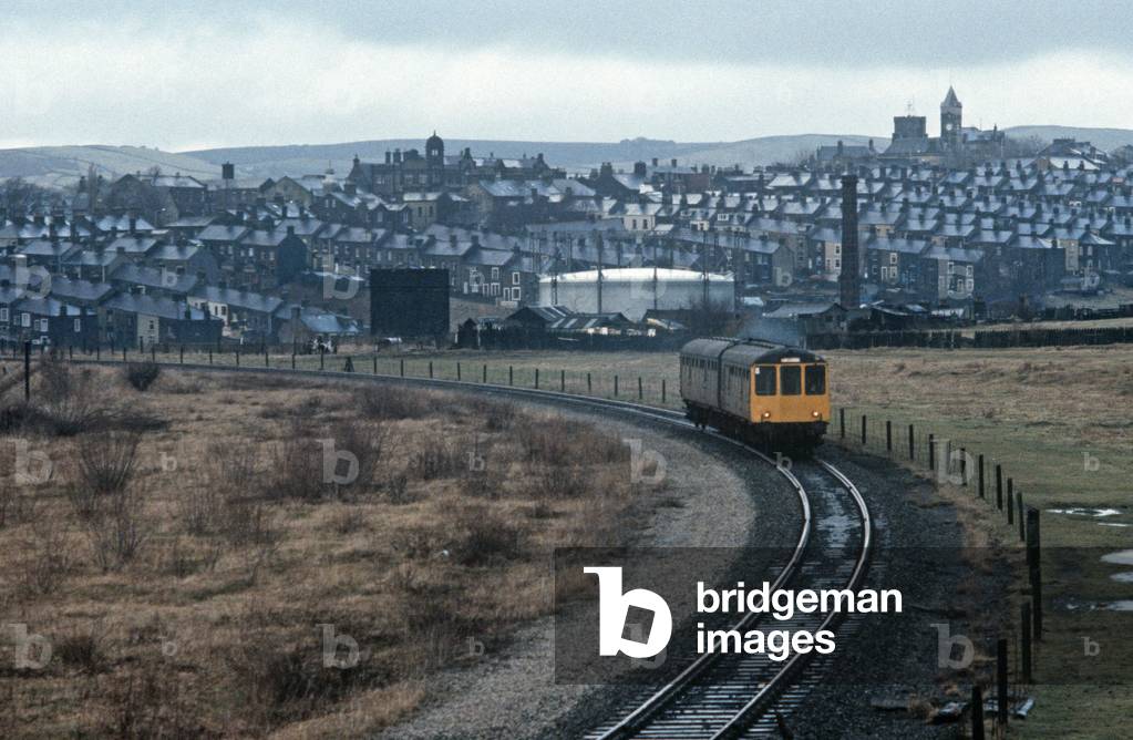 Diesel Multiple Unit on the British Rail Preston to Colne railway line at Colne, Lancashire, Great Britain, 1982 (photograph)