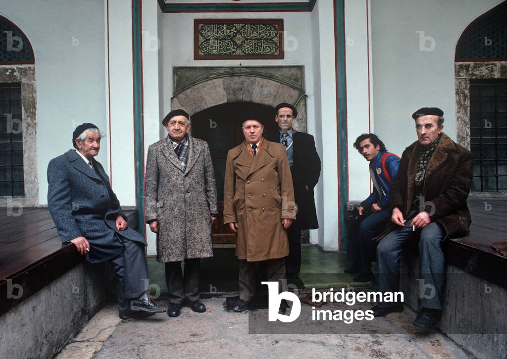 Bosnian Muslim men in Sarajevo mosque, former Yugoslavia