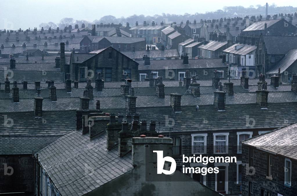 Terrace houses at Nelson on the Preston to Colne railway line, Lancashire, Great Britain, 1982 (photograph)