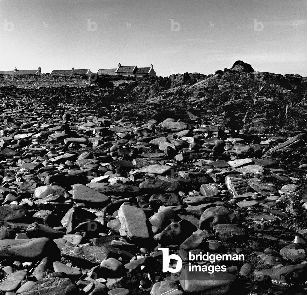 Irish Sea coastal village, Co Down, Northern Ireland (b/w photo)