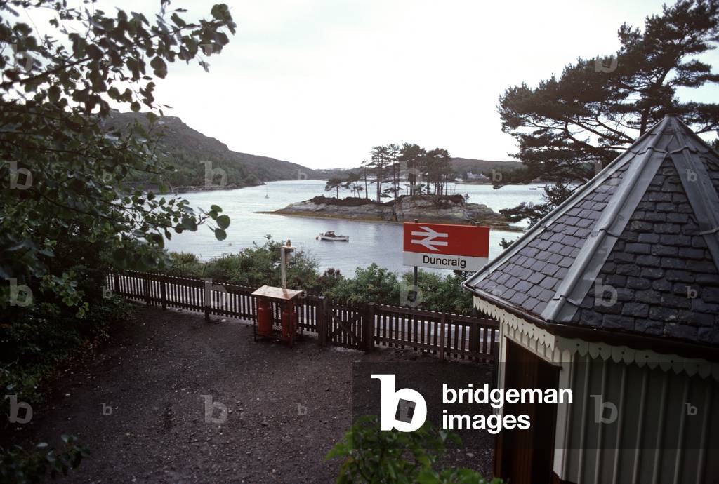 Duncraig Halt, railway station on the Kyle of Lochalsh line, Loch Carron, Scotland, 1982 (photograph)