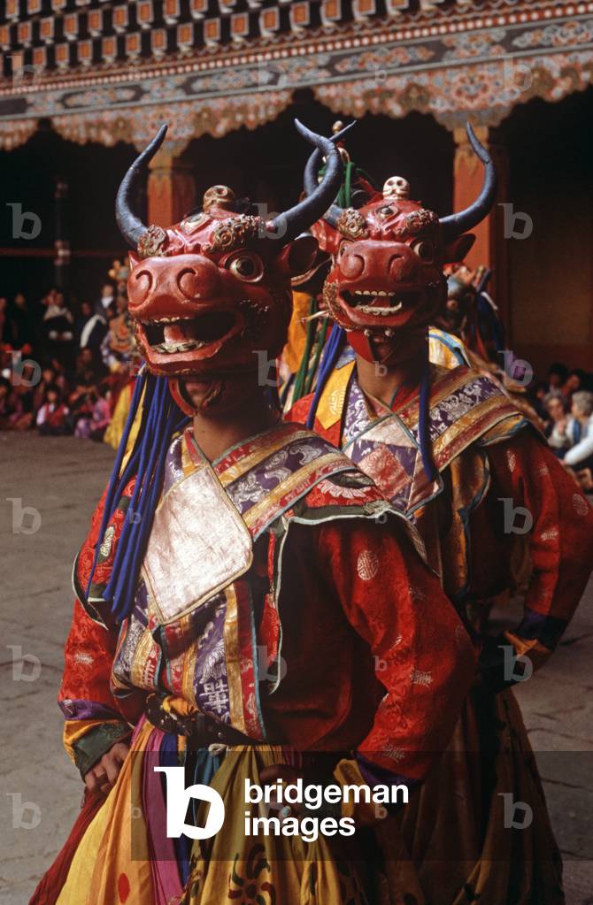 Animal mask dancer at the Paro Tshechu, mask dance festival, in the Paro Dzong, Bhutan (photo)