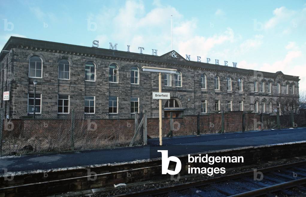 Smith and Nephew Mill at Brierfield on the British Rail Preston to Colne railway line, Lancashire, Great Britain, 1982 (photograph)