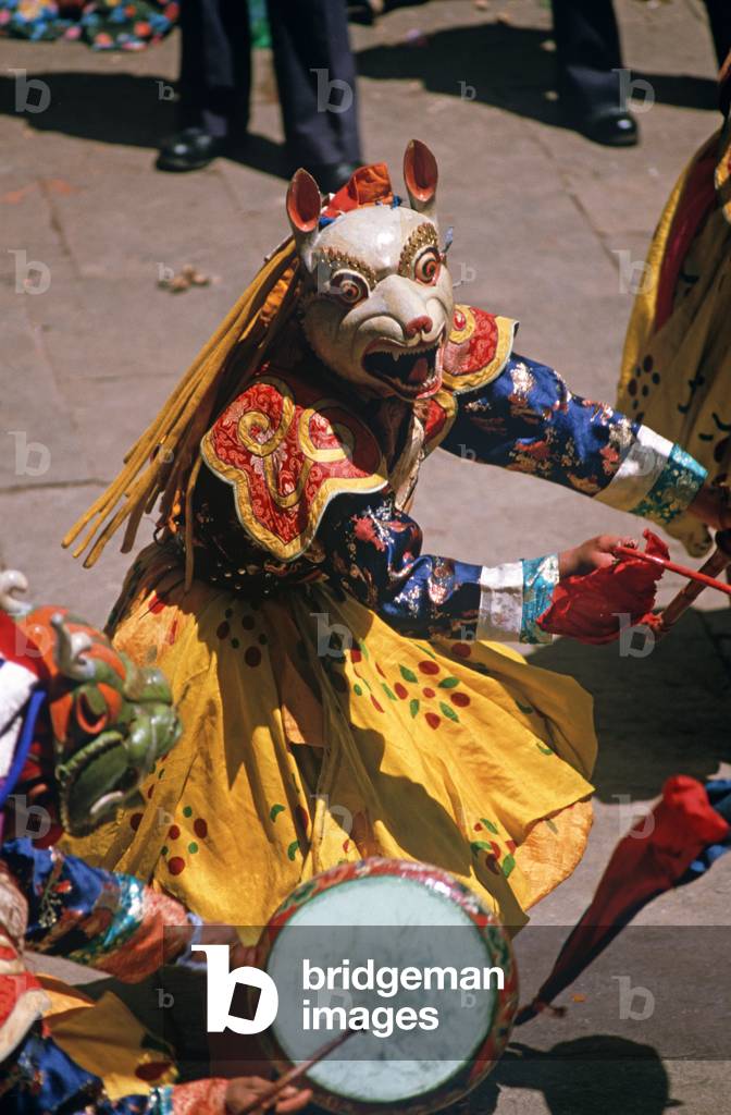 Animal mask dancer at the Paro Tshechu, mask dance festival, in the Paro Dzong, Bhutan (photo)
