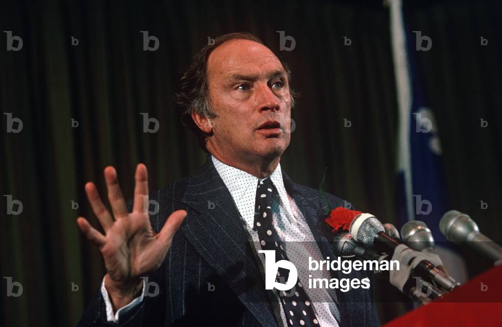 Prime Minister Pierre Trudeau at a political party rally, Montreal, Quebec Province, Canada  (photo)