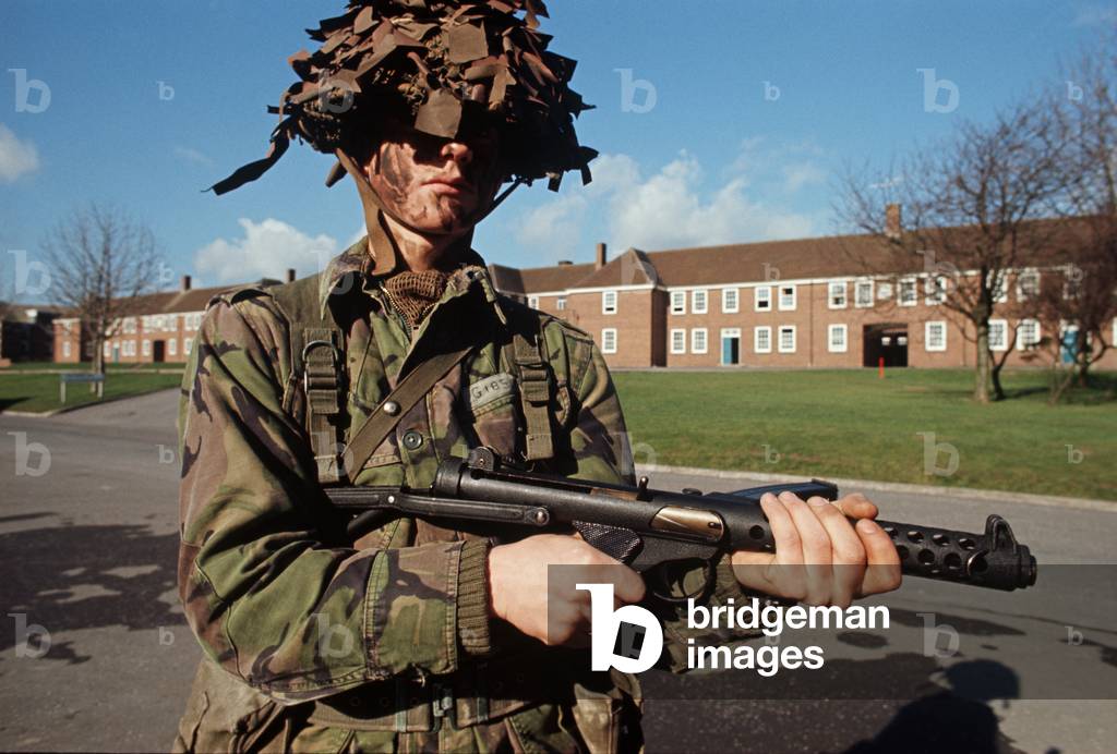 British Army soldier with L2A3 Sterling Sub Machine Gun used during The Troubles, Northern Ireland, 1972