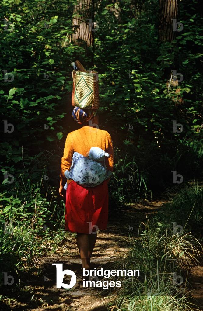 Woman with basket on head and baby strapped to her back walking through Perinet reserve, famous for its Lemurs, Madagascar, East Africa, Africa, 1980s (photo)