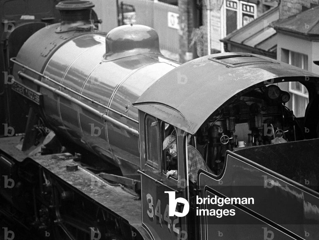 London & North Eastern Railway (LNER) 3442 The Great Marquess steam locomotive at Bridgenorth locomotive sheds on the Severn Valley Heritage Railway, Shropshire & Worcester, England, UK, 1989 (b/w photo)