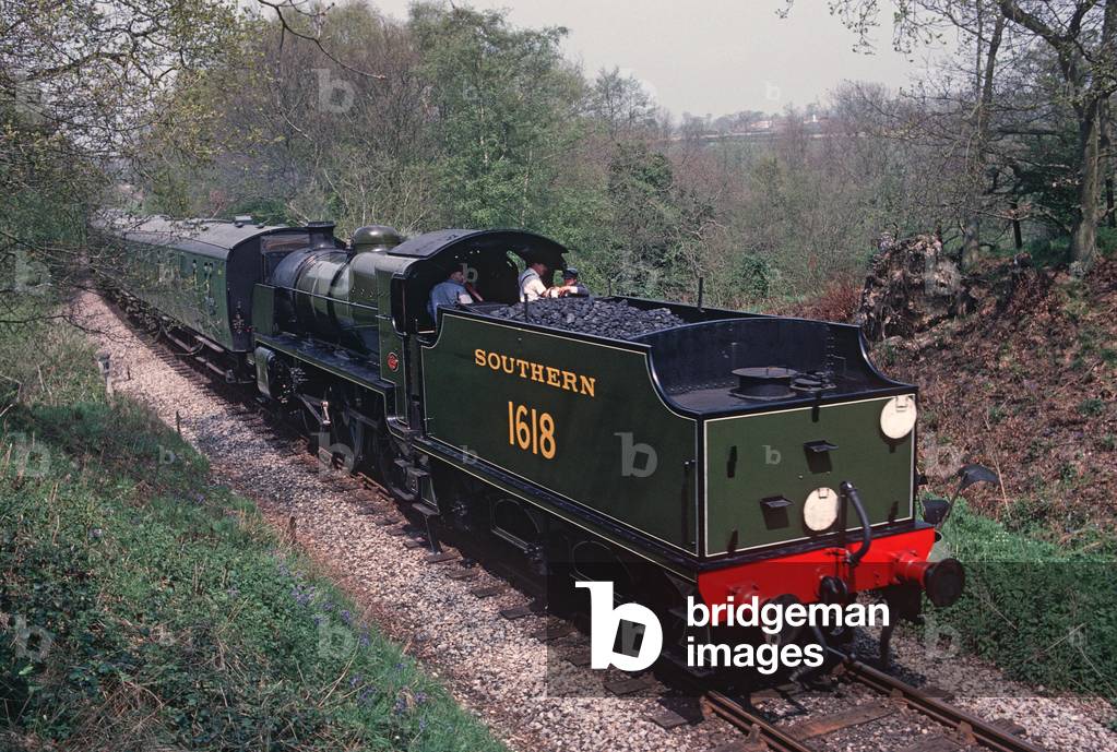 Steam train on the Bluebell Heritage Railway, West Sussex, England, UK, 1990 (photo)
