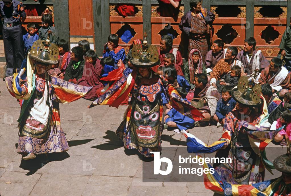 Black Hat dancers at the Paro Tshechu, mask dance festival, in the Paro Dzong, Bhutan (photo)