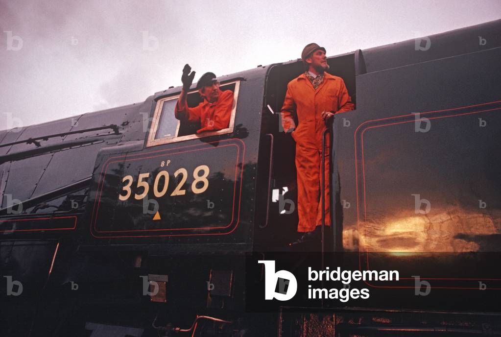 Merchant Navy Clan Line Locomotive 35028 at Appleby railway station on the Settle to Carlisle line, Northern England, 1992 (photograph)