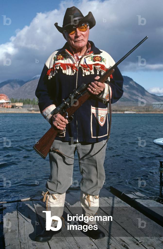 Johnny Johns, Indian trapper, in ceremonial costume, Tagish First Nation elder,  Carcross, Yukon Territories, Canada (photo)