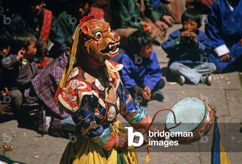 Animal mask dancer at the Paro Tshechu, mask dance festival, in the Paro Dzong, Bhutan (photo)