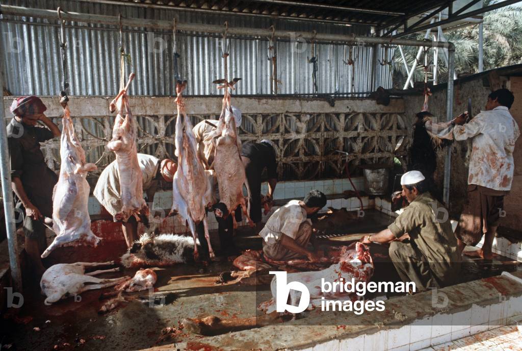 Muslim sheep butchers in Al Ain, United Arab Emirates, UAE