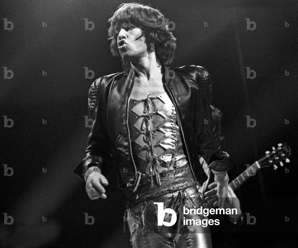 Mick Jagger opening the Rolling Stones Concert in Wembley Arena, London, UK, 1972 (b/w photo)