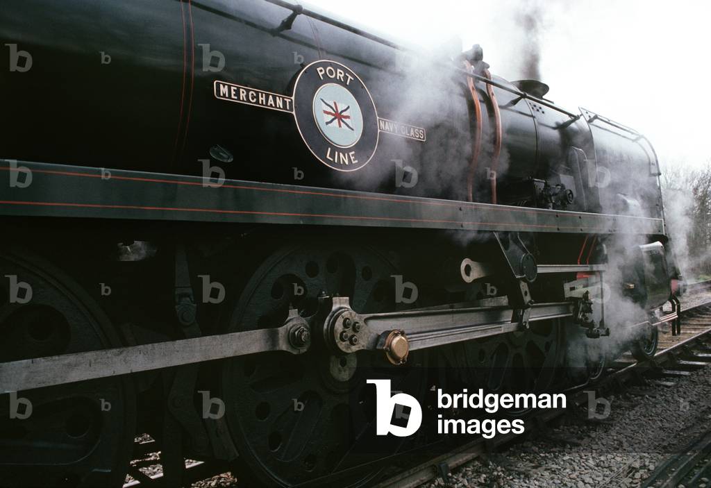 Merchant Navy Class steam locomotive on the Bluebell Heritage Railway, West Sussex, England, UK, 1990 (photo)