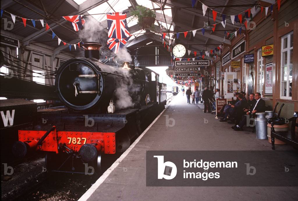 Kingswear and Dartmouth Station decked with Union Jack flags on the Heritage Dartmouth Steam Railway, Devon, England, UK, 1989 (photo)