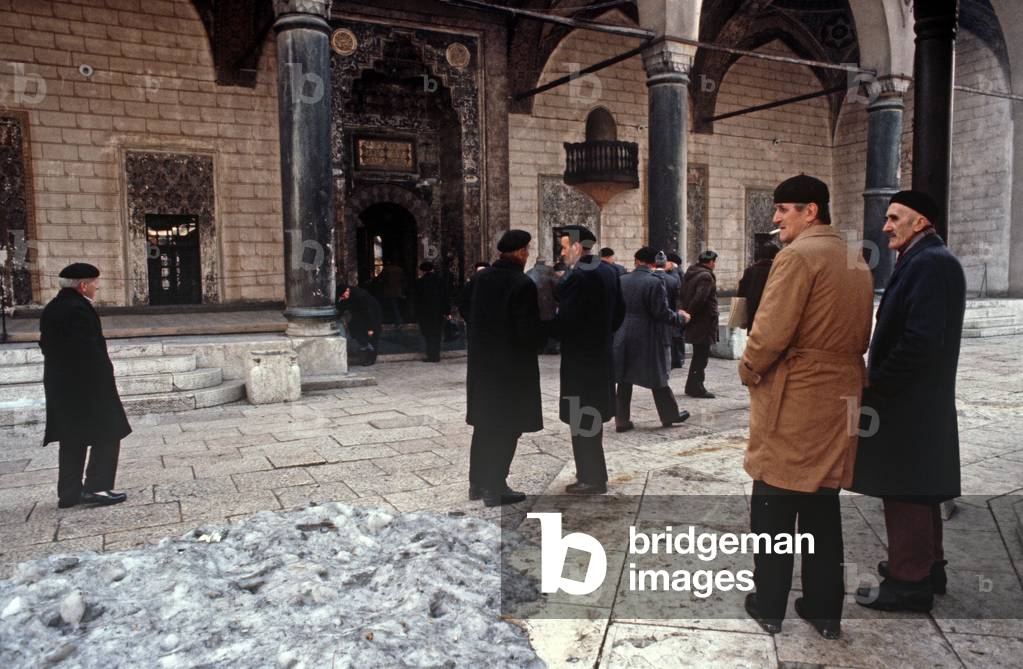 Bosnian Muslim men in Sarajevo mosque, former Yugoslavia
