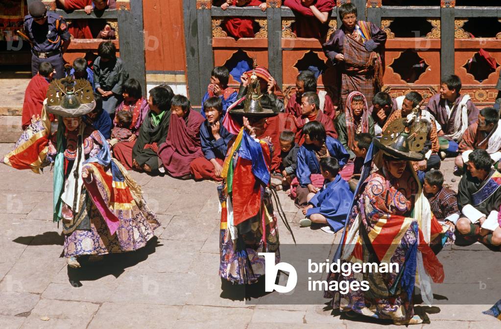 Black Hat dancers at the Paro Tshechu, mask dance festival, in the Paro Dzong, Bhutan (photo)