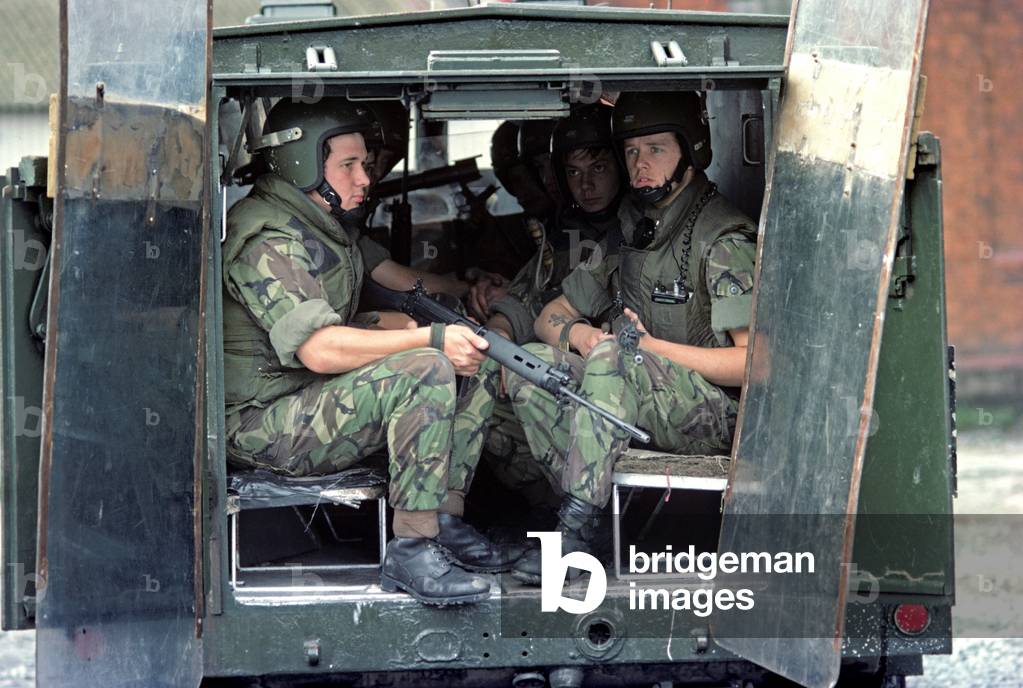 British Army soldiers in Saracen personnel carrier on patrol during The Troubles, Northern Ireland, 1973