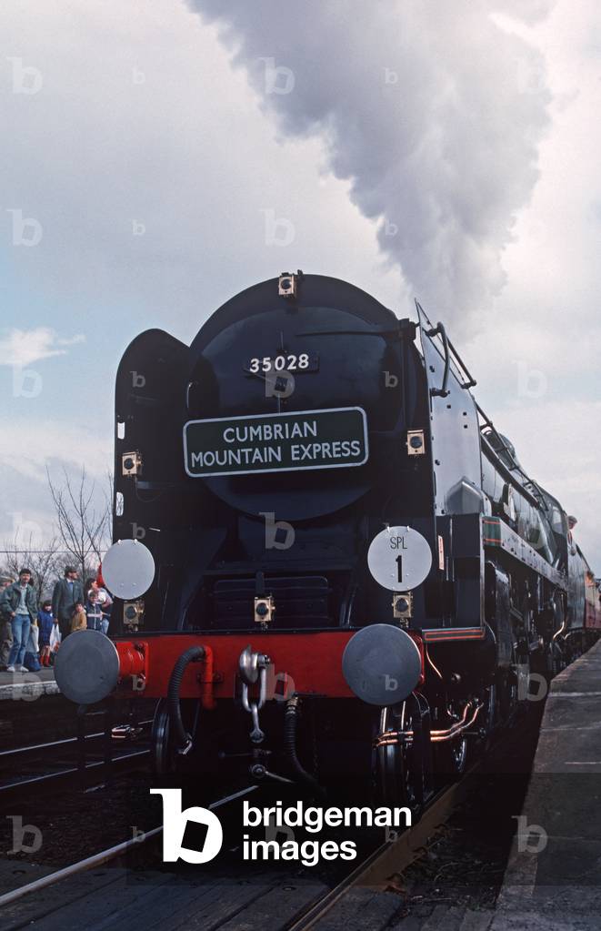 Merchant Navy Clan Line Locomotive 35028 at Appleby railway station on the Settle to Carlisle line, Northern England, 1992 (photograph)