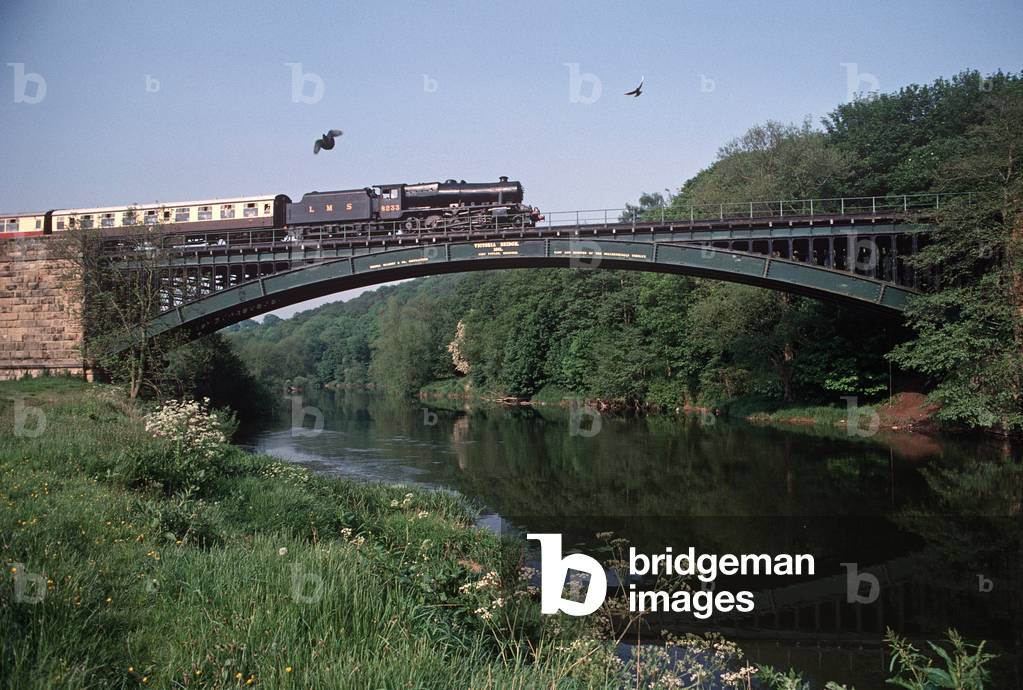 Stanier Class 8233 steam locomotive on the cast Iron Victoria Bridge, Severn Valley Heritage Railway, Shropshire & Worcester, England, UK, 1989 (photo)
