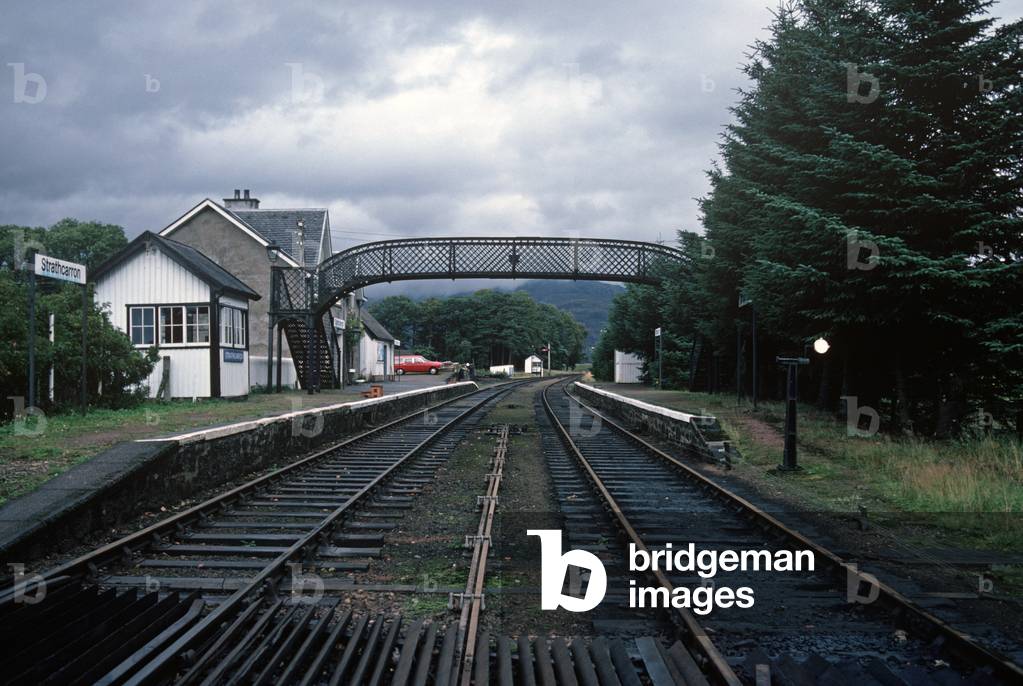 British Rail Strathcarron railway station on the Kyle of Lochalsh Line, Highlands, Scotland, 1982 (photograph)