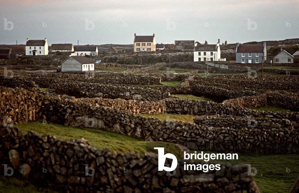 Houses And Cottages Surrounded By Small Fields And Stone Walls On Inishmore, Aran Islands Off The Coast Of Galway, Ireland. Referred To By W. B. Yeats When He Suggested That Playwright John Millington Synge Visit Visit The Aran Islands.  (photo)