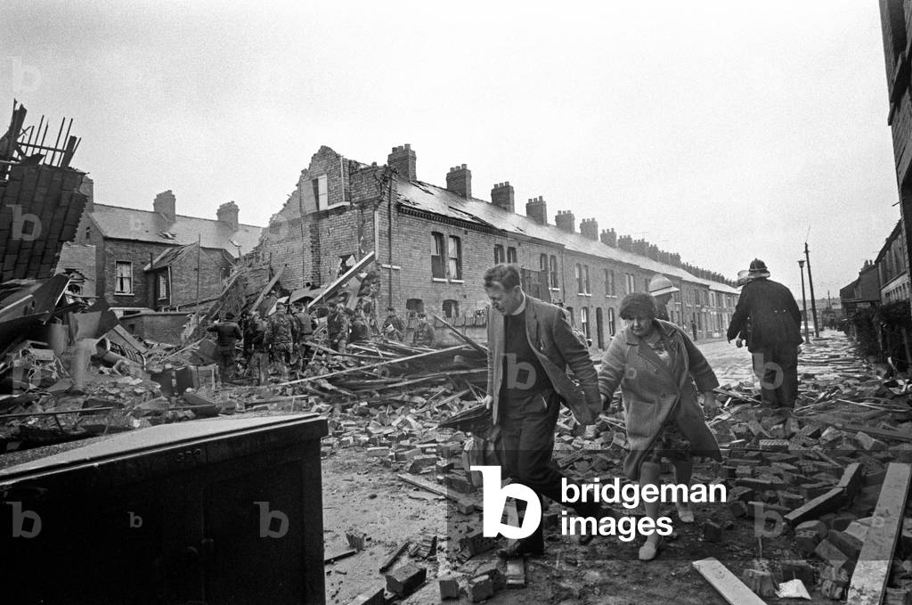 IRA bomb damage in the Shankill area of Belfast, Northern Ireland in the 70s during The Troubles, 1976 (b/w photo)