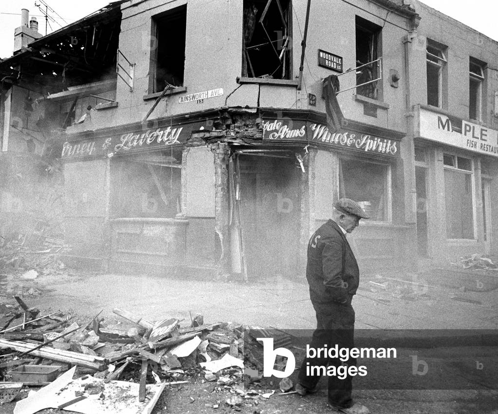 IRA bomb damage in Loyalist pub in the Shankill area of Belfast early 70s, Northern Ireland during The Troubles, 1974 (b/w photo)