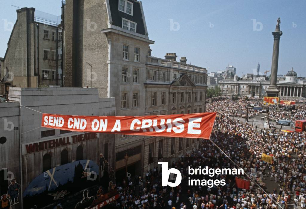 Campaign for Nuclear Disarmament, CND banner during CND Trafalgar Square rally in protest to President Regan's visit to London, 7th June 1984 (photo)