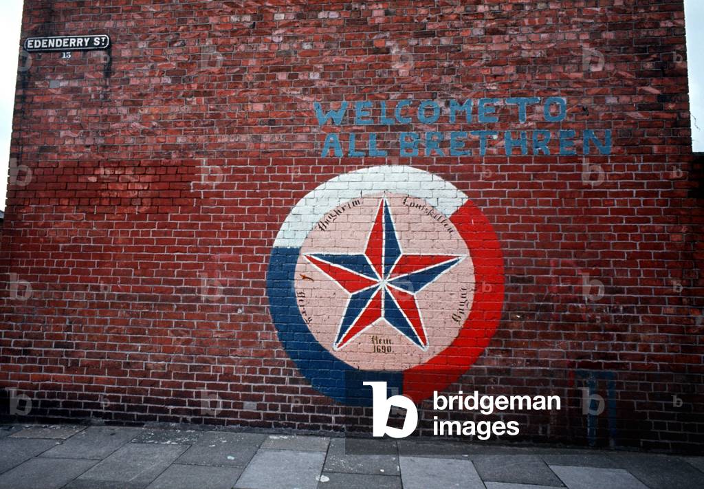 Religious mural in Protestant part of Belfast during The Troubles, Northern Ireland, 1971