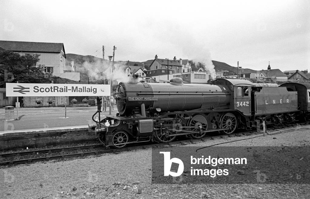 Steam train LNER The Great Marquess at Mallaig station, the West Highland Line, Scotland, 1989 (photograph)
