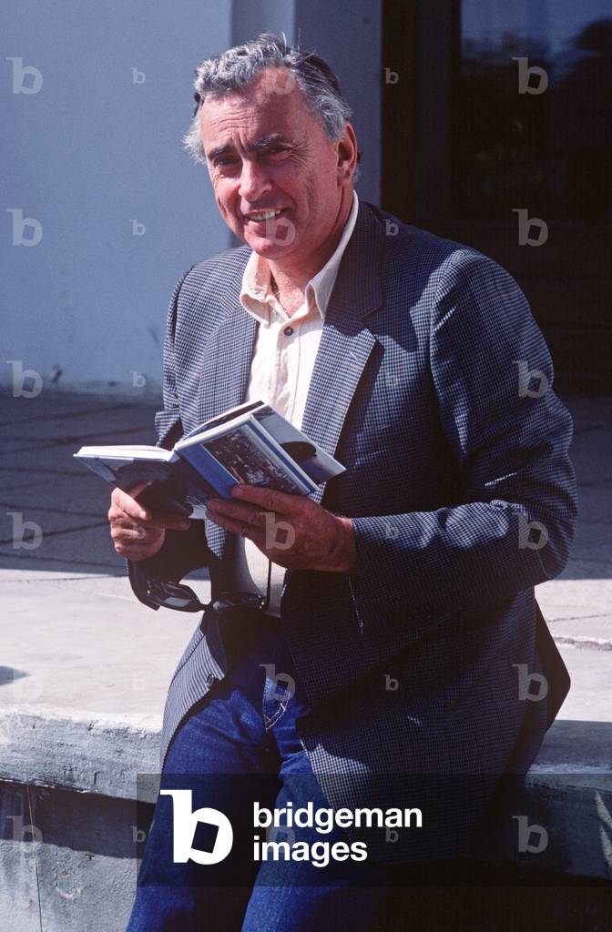Gore Vidal reading literature on Suzdal, the historic town just outside Moscow, Russia, 1982 (photo)
